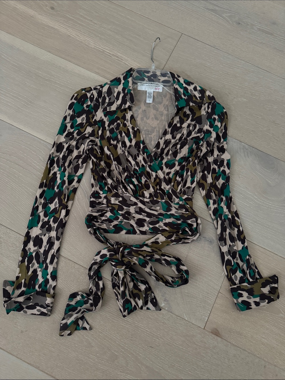 Diane Von Furstenberg Beige Black and Teal Animal Print Wrap Blouse